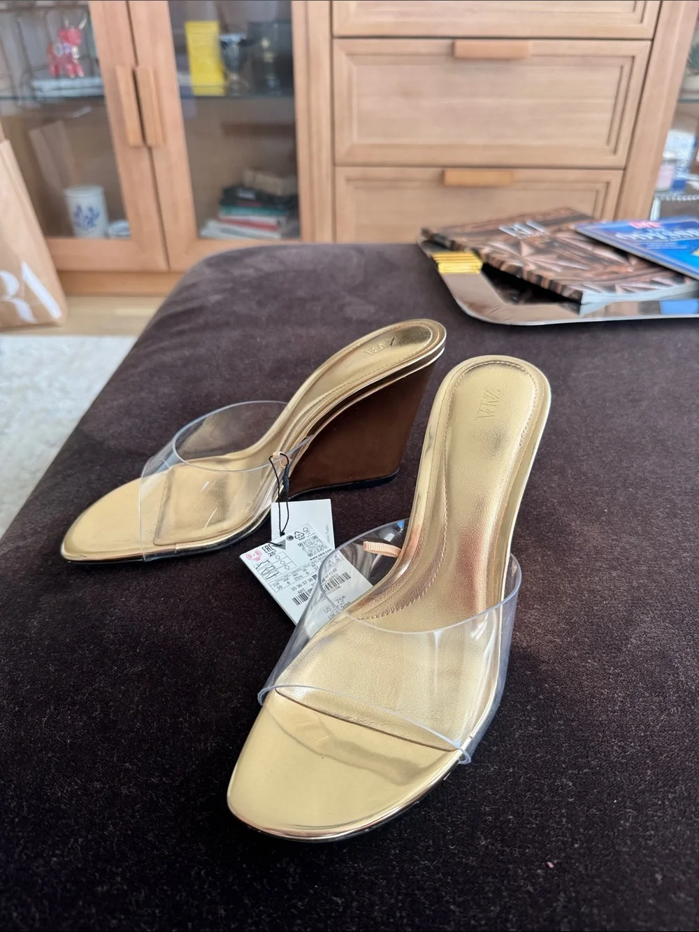 Zara Clear Strap Gold Wedge Mules